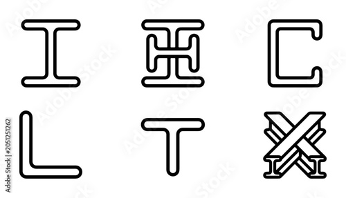 Tableau sur toile Structural Steel Shapes Vector Icons: I-beam, C-channel, Angle, T-bar, H-beam, C