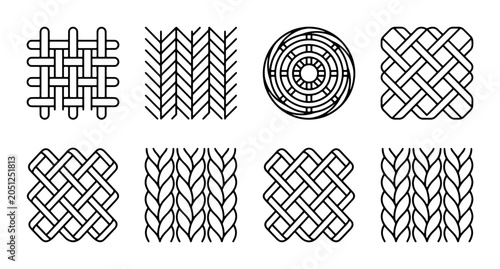 Knitting Patterns Vector Set, Textile Textures, Fabric Weave Designs, Craft Icons