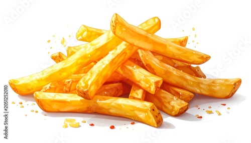 A vibrant illustration features a pile of golden-brown fried potato sticks, lightly salted and with visible textures