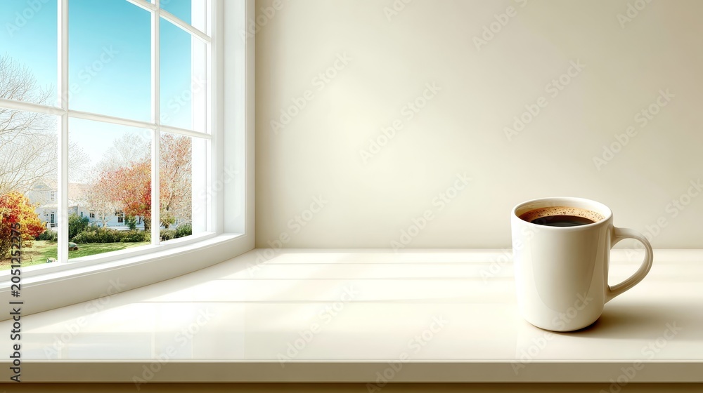 Fototapeta premium Coffee cup rests on window sill hot beverage sits on window ledge offering warmth
