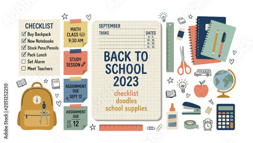Foto Back to School Supplies and Checklist: An organized collection of school supplies, a backpack, notebooks, and a checklist for the upcoming academic year