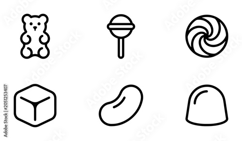 Foto Sweet Treats Icons: Gummy Bear, Lollipop, Swirl Candy, Cube, Jelly Bean, Gumdrop