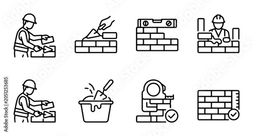 Schilderij op canvas Masonry Icons: Bricklaying Worker, Mortar Bucket, Level Tool, Construction Proce