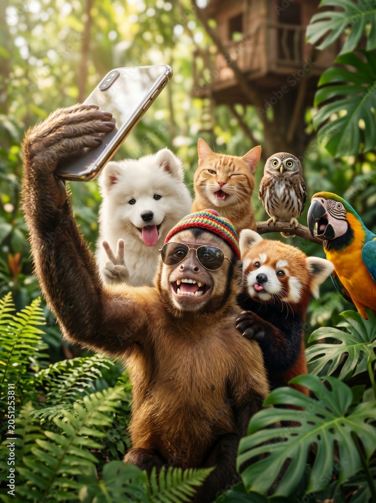 Obraz premium Monkey and friends taking a selfie in the jungle