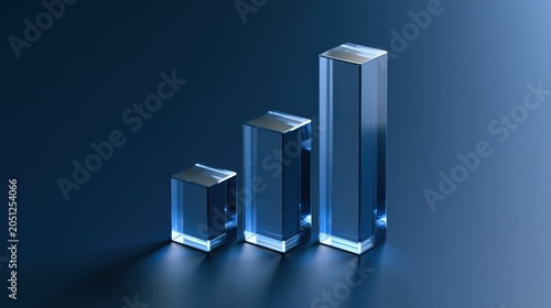Growing bar chart shows increase in data representation and trends over time with three different heights on a blue background