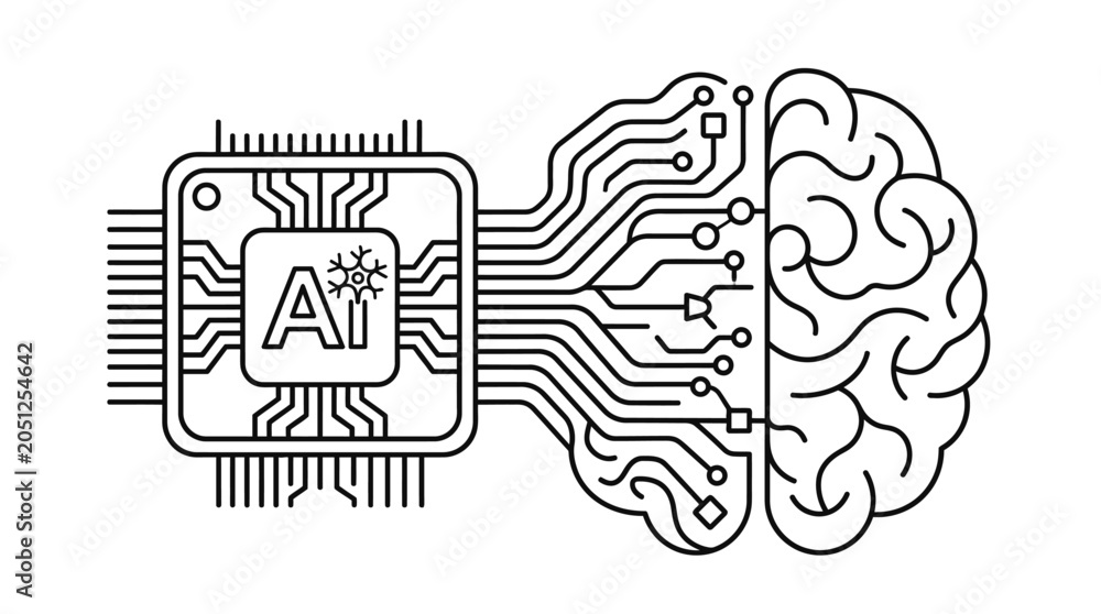 Fototapeta premium AI processor connected to brain with circuitry ribbon illustration.