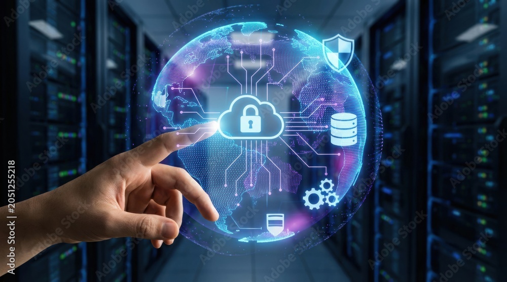 Fototapeta premium Cloud computing transformation drives global network security in international business with advanced data protection and digital innovation