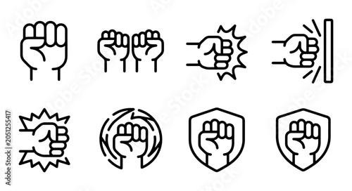 Fist Icons Set: Power, Strength, Resistance, Protection, Solidarity, Protest, Vector Graphics