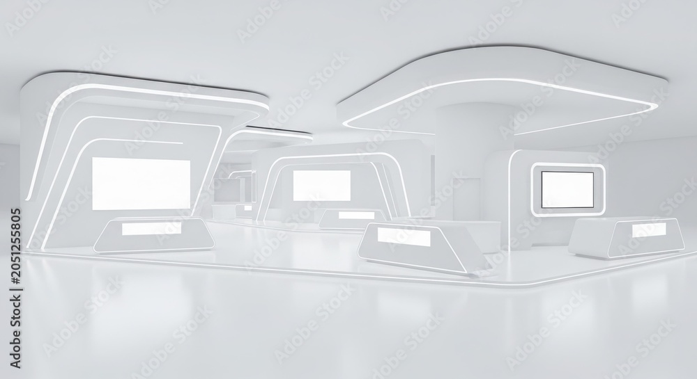 Obraz premium Futuristic all-white exhibition booth with sleek design and illuminated edges, featuring multiple blank display screens in a modern, clean environment.