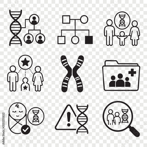 Bioinformatics and genetic genealogy icons set with family