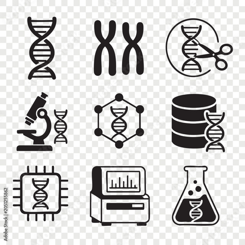 Genetics and dna research line icons set with microscope