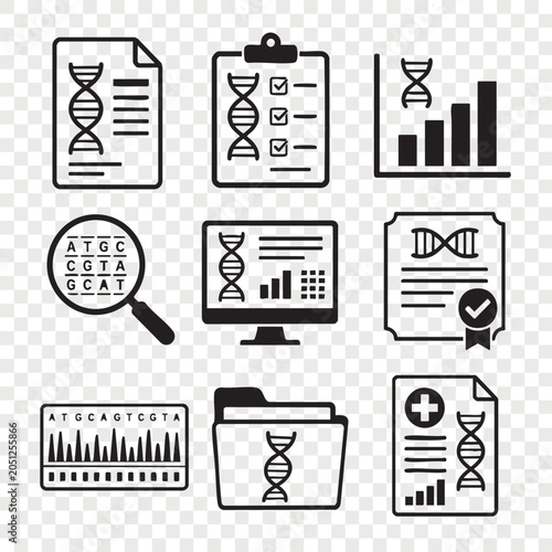 Genetic data analysis and lab report line icons collection