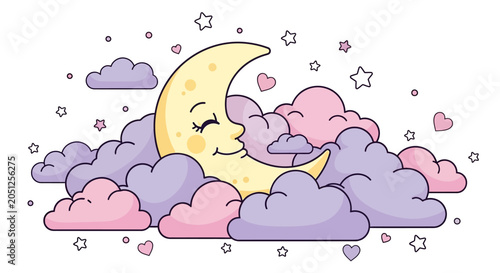 Foto Smiling Crescent Moon with Dreamy Pastel Clouds and Stars