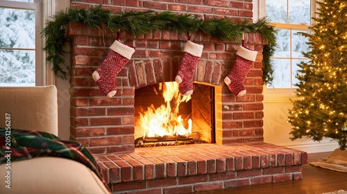 Christmas fireplace with stockings hanging and a decorated tree beside it during winter