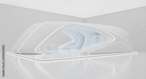 A futuristic, minimalist white architectural structure with curved lines and a sleek design, possibly a pavilion or exhibition space.