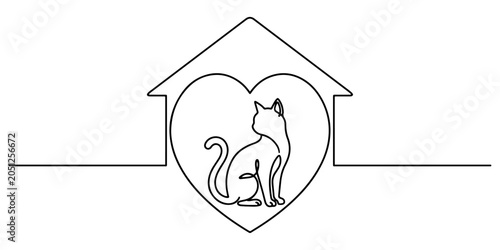 Konstfotografi Continuous line art drawing of a cat sitting inside a heart shaped shelter symbolizing cat adoption campaigns, animal welfare, and International Cat Day awareness, hand drawn vector illustration