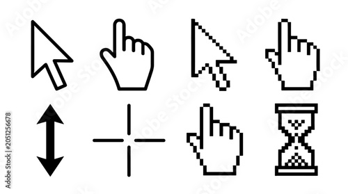 Set of cursor and pointer icons in outline and pixel styles