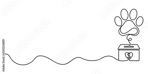 Canvastavla Continuous line art drawing of a dog paw print rising above a donation box symbolizing fundraising for shelters and animal welfare organizations, hand drawn vector illustration