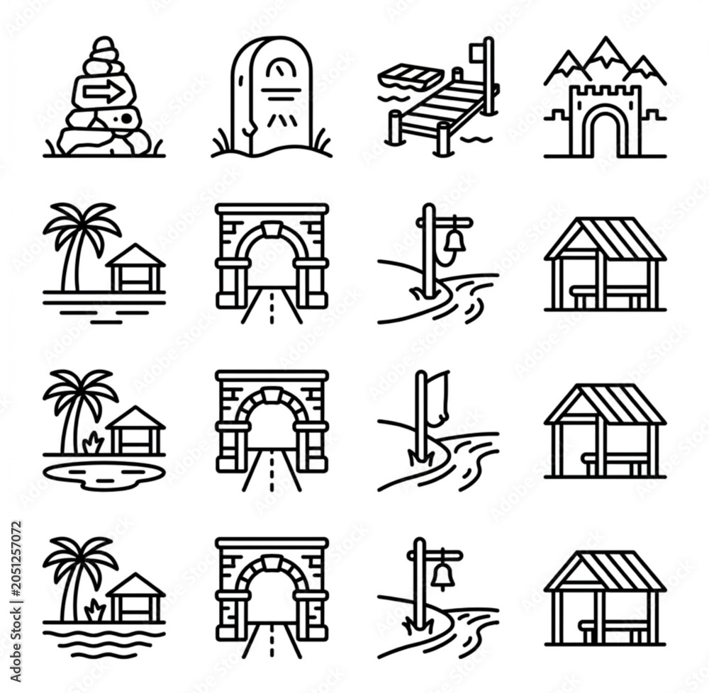 Naklejka premium Collection of orange outline featuring nautical navigation tools, sextant, compass, clock, suitcase, lantern, and map scroll on white background