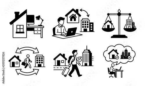 Remote Work Icons, Hybrid Office Concepts, Home vs. Business Balance, Relocation Graphics