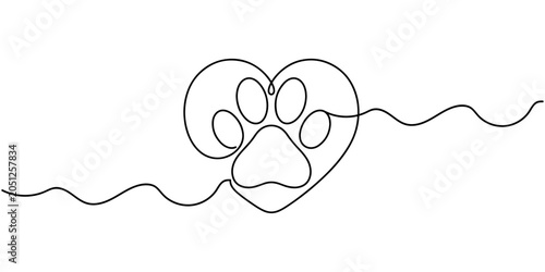 Tableau sur toile Continuous line art drawing of a dog paw and heart shape symbolizing companionship, loyalty, and the emotional bond between humans and dogs, hand drawn vector illustration