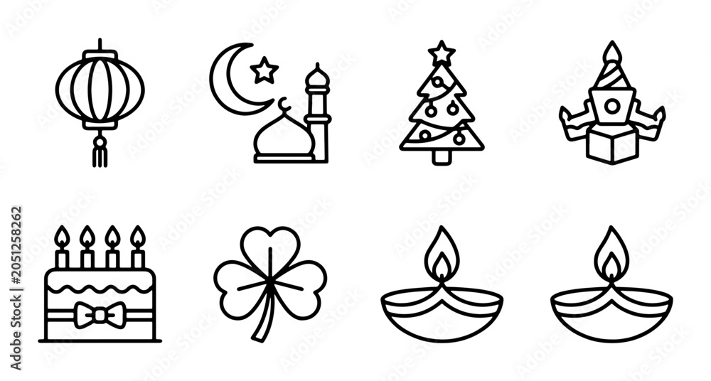 Fototapeta premium Holiday Icons Set: Celebration Symbols, Festive Decorations, Cultural Events, Vector Graphics