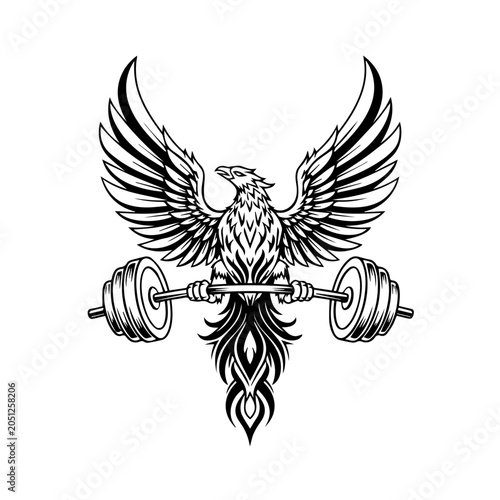 A powerful phoenix bird lifts a heavy barbell with weights on either side.