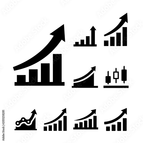 Business growth chart icons display upward trends and statistics