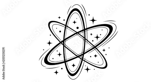 An illustration of an atom symbol with sparkles and lines in space.