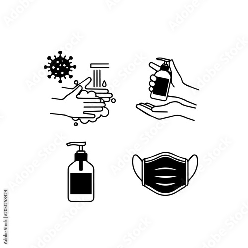 Hands washing with soap and using hand sanitizer to prevent virus spread with mask