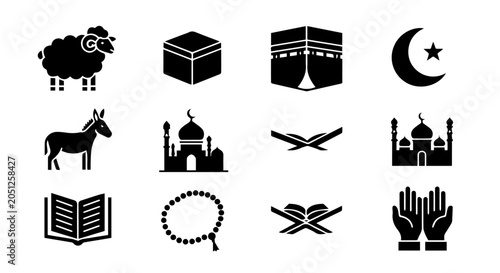 A Muslim family celebrates Eid al-Adha with traditional symbols and icons.