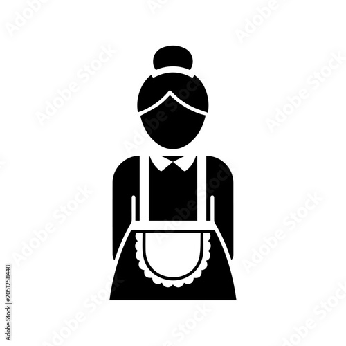 A simple illustration of a woman wearing an apron and a mask.