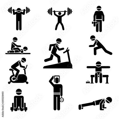 People engaging in various fitness activities with weights and equipment indoors