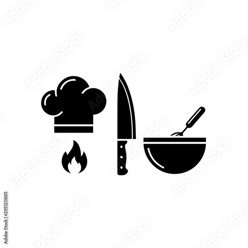 A chef's hat, knife, and bowl with spoon on fire represent cooking.