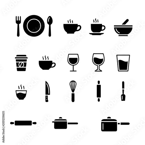 A collection of kitchen utensils and dishware icons on a table setting for food preparation