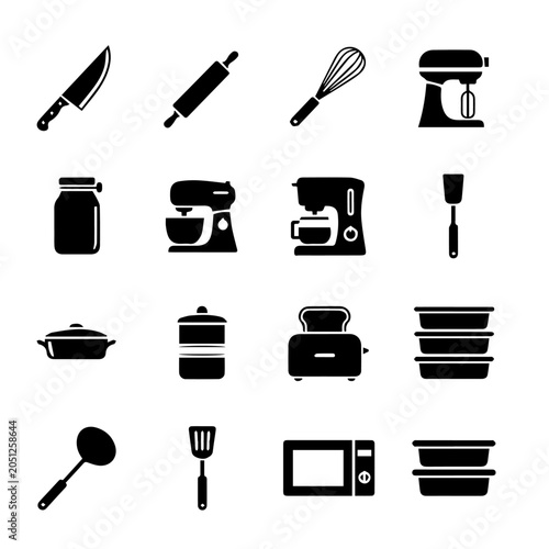 Kitchen utensils and appliances icons on a white background