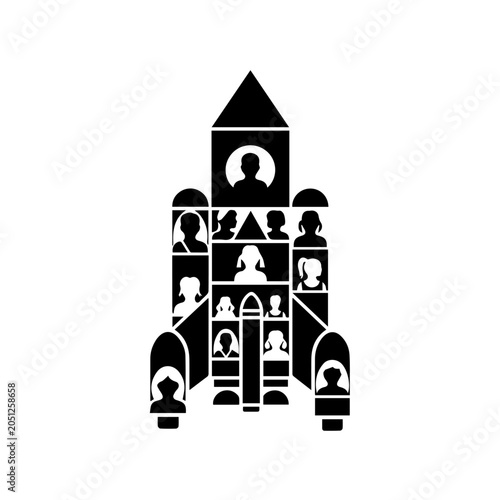 A rocket ship launches into the sky with diverse people inside.
