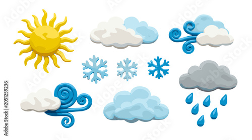 Colorful clay weather icons set with sun, clouds, snow and rain