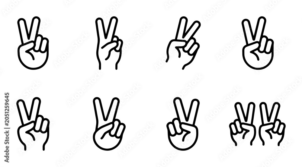 Fototapeta premium Peace Sign Hand Gestures, Victory Symbol, V Sign, Positive Emotion Icons, Vector Set