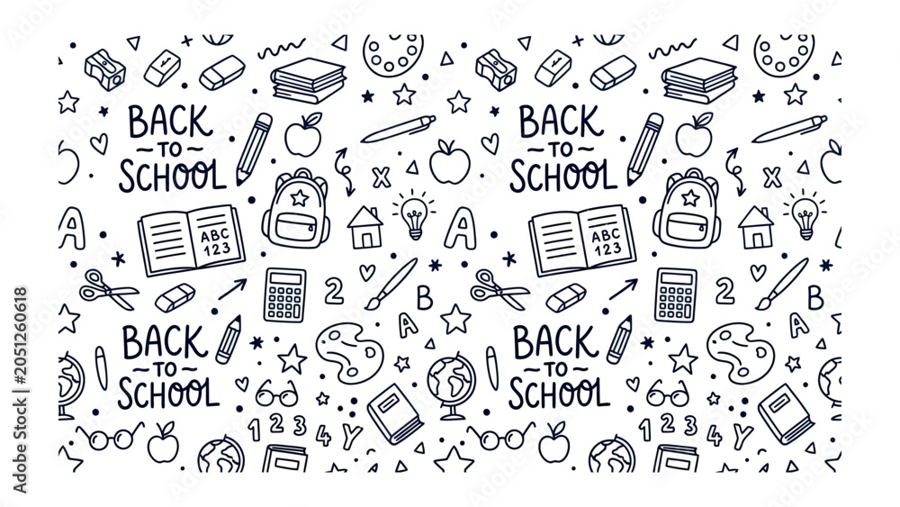 Naklejka premium Back To School Doodle Pattern: A whimsical collection of hand-drawn illustrations depicting school supplies, books, and the iconic Back to School phrase, perfect for educational and creative projects.