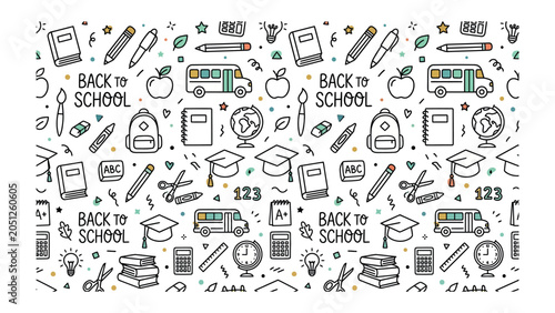 Canvastavla School Doodles Pattern: A charming and colorful illustration featuring a variety of hand-drawn school-related icons, including books, pencils, apples, buses, globes, and graduation caps