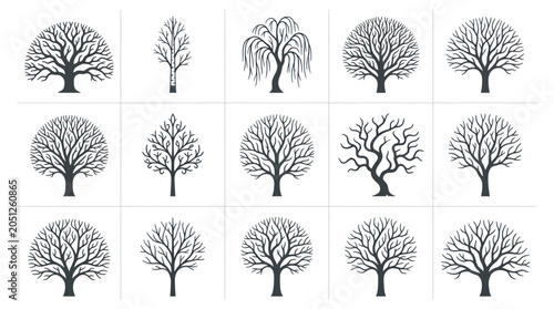 Cuadro en lienzo Collection of Stylized Tree Silhouettes in Winter or Bare Season