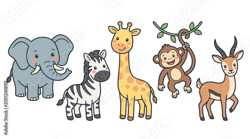 Cute Cartoon Safari Animals: Elephant, Zebra, Giraffe, Monkey, Antelope