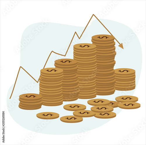 Golden coins stacks with arrow