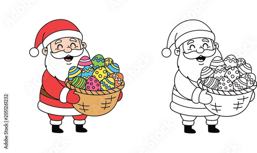 Tablou pe pânză Funny Santa Claus holding basket of colorful Easter eggs