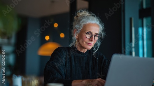 Elderly Woman with White Hair and Glasses Using Laptop in Cozy Modern Space