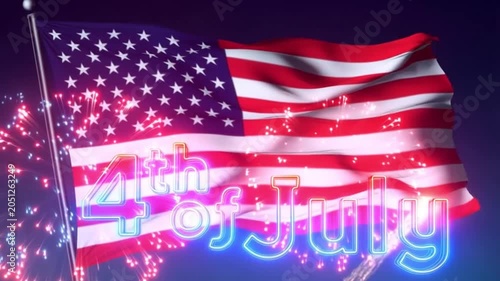 American Flag Waving with Fireworks and Fourth of July Text