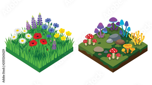 Foto Isometric floral and fungal ground sections vector illustration