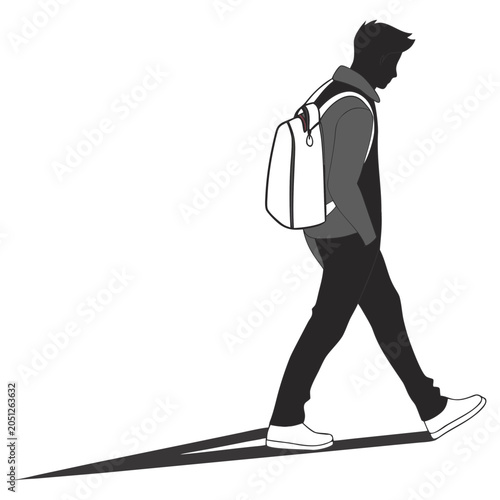 Vector art illustration of a young man walking with a bag on his back