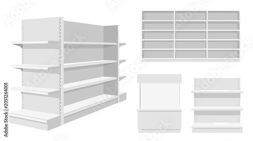 White retail shelving and display rack set illustration